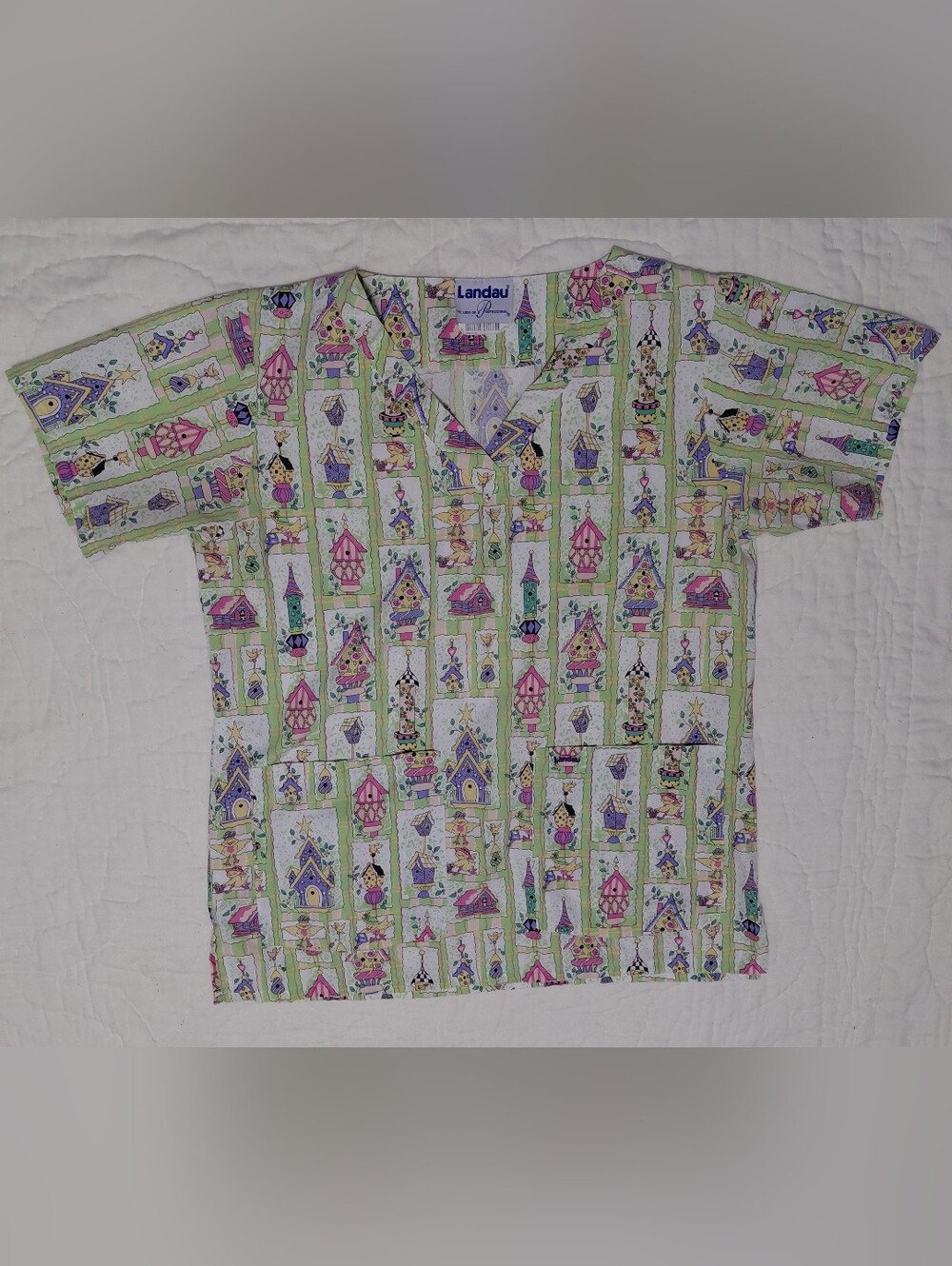 Landau Scrubs Top Pastel Birdhouse V-Neck in Light Green, Pink, Purple